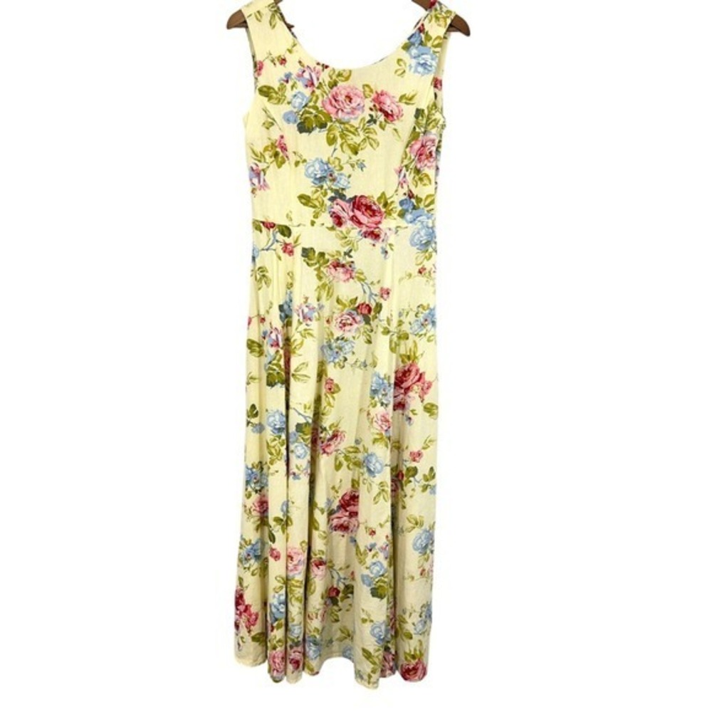 Vintage 90s Mom Teacher Cottagecore Floral Maxi Dress Linen Blend Feminine